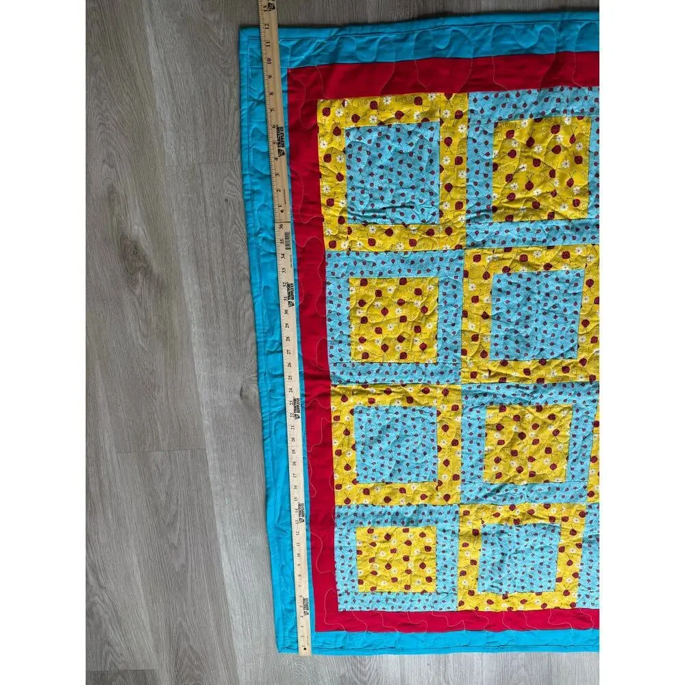Handmade Quilt, ladybug daisy, Blue yellow red, child, baby, blanket